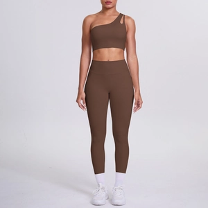 Front full-length view of one-shoulder yoga sports bra and high-waist leggings set in coffee brown