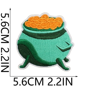 Detail showing St. Patrick's Day pot of gold embroidery patch with 5.6cm size dimensions