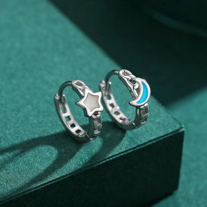 S925 silver hoop earrings with asymmetrical white star and blue moon enamel charms