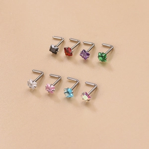 Set of 8 L-shaped stainless steel nose studs featuring 3mm colorful square cubic zirconia