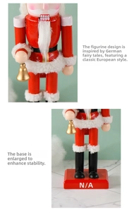 Close-up of 25cm red Santa nutcracker holding gold bells with stable star base detail