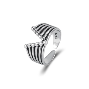 Retro S925 sterling silver V-shape layered open ring with beaded line accents