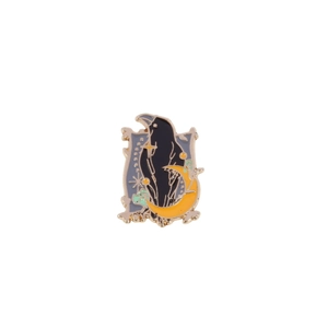 Enamel crow on yellow crescent moon brooch with dark blue stars and golden metal edges