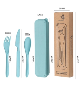 Detailed size specifications for blue wheat straw cutlery set including case and packaging