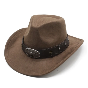 Classic brown suede western cowboy hat with decorative leather band and silver bull head buckle