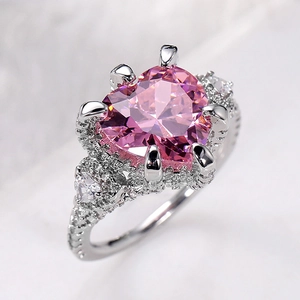 Elegant Heart Shaped Pink Cubic Zirconia Copper Ring Luxury Wedding Proposal Romantic Hand Jewelry For Women