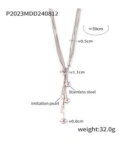 Detail of multi-layer stainless steel necklace with imitation pearl tassels and OT clasp
