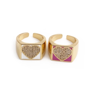 Heart Zircon Open Rings Adjustable Copper Enamel Heart Shaped Jewelry For Women Retro Romantic Fashion