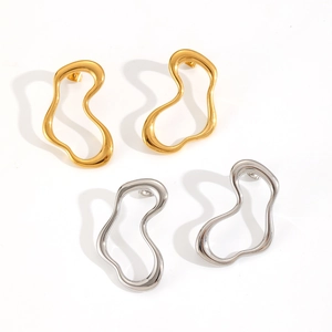 Irregular fluid line stainless steel earrings in gold and silver with polished finish