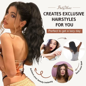 Detail of 35cm water wave drawstring ponytail extension in natural black synthetic hair