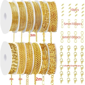 Detailed set of 12 rolls gold plated DIY jewelry chains with lobster clasps and rings