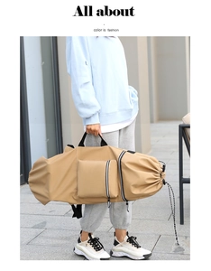 Close-up of khaki waterproof skateboard bag with drawstring closure and front zip pocket