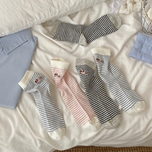 Women's cotton crew socks with stripe pattern and cute dog embroidery in four colors