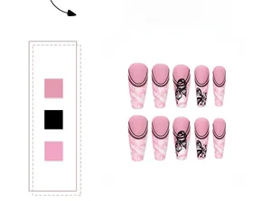 Detail of pink marble gradient press-on nails with black butterfly patterns and French lines