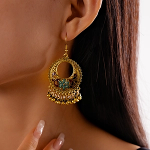 Vintage Ethnic Flower Hollow Round Alloy Enamel Drop Earrings With Metal Bead Tassels Steel Earring Post Women