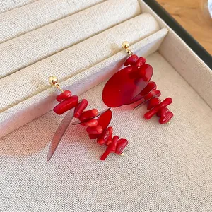 Vintage style Ancora red sequin fringe stud earrings with silver needles and gold accents