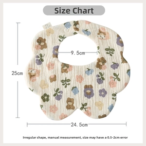 Size chart and dimensions for the flower-shaped cotton baby bib with bear patterns