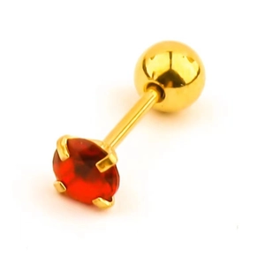 Detail of red zircon stud earring with four-claw gold plating and screw back ball