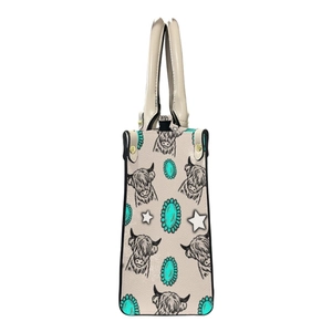 Detailed side view of beige PU handbag featuring Highland cow print and turquoise studs