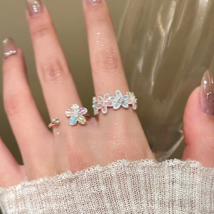 Exquisite zircon flower open rings with colorful glaze petals in a sweet fashion style