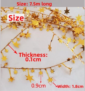 Detailed view of 7.5m golden star garland with specific size measurements and dimensions