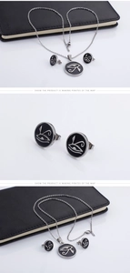 Macro detail of silver-tone stainless steel Eye of Horus coin pendant and stud earrings set