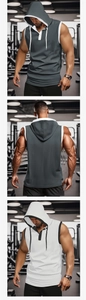Detail of breathable mesh fabric on men's sleeveless hooded gym tank top in grey and white