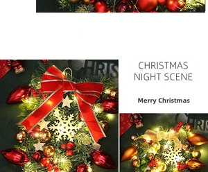 Close-up of Christmas wreath with red ribbon bow, gold ornaments and warm LED lights