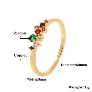 Detail view of colorful zircon crown ring showing 20mm diameter and 5mm width measurements