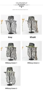 Detail of outdoor camouflage sun hats with neck flaps and breathable mesh in five colors