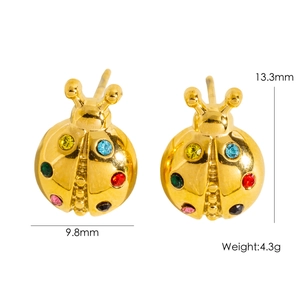 Colorful ladybug stud earrings with rhinestones and gold plating, 9.8mm x 13.3mm size