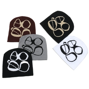 Y2K street style knitted beanies with jacquard goggles pattern in four neutral colors