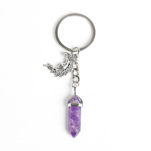 Natural purple crystal hexagonal pillar keychain with silver crescent moon pendant charm