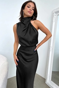Close-up of elegant black satin evening dress showing sleeveless high neck and waist fit