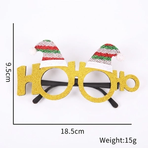 Detailed size view of HoHoHo Christmas party glasses with red hats and gold glitter frame