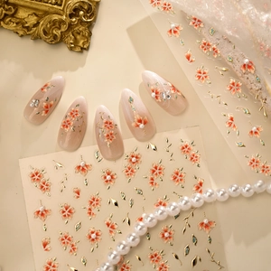 Retro 3D embossed cherry blossom nail stickers with golden leaves and pearl accents