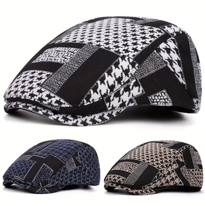 Vintage Houndstooth Flat Cap British Style Patchwork Ivy Hat Cotton Blend Warm Newsboy Cap For Men Women Autumn Winter
