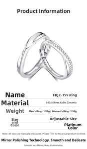 Detailed size specifications for Mobius S925 silver couple rings with cubic zirconia
