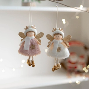 Plush Christmas angel pendants with gold antlers and wings for festive holiday decoration