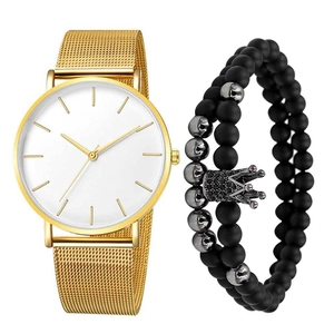 Minimalist gold mesh steel watch with white dial and matte black beaded crown bracelet set