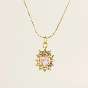 18K gold stainless steel necklace with pink oval zircon sunflower pendant for women