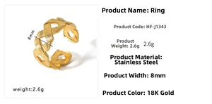 Detail view of 8mm wide twisted stainless steel ring with 18K gold finish specifications