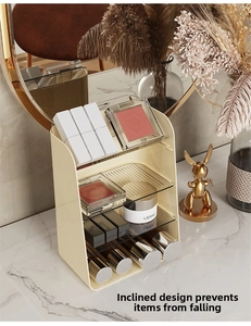 Detail of multi-layer cosmetic organizer with tilted shelves for lipsticks and skincare