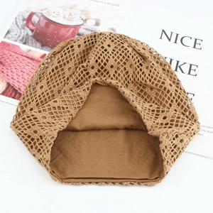 Brown hollow crochet turban hat for women featuring a vintage pleated knit design