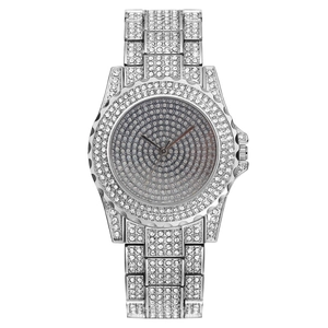 Luxurious silver quartz watch for women with full crystal encrusted band and dial