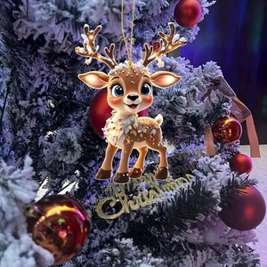 Christmas Reindeer Hanging Ornament Acrylic With Led String Lights Cartoon Car Rearview Mirror Home Decor Festive Gift