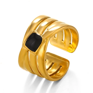 18K gold plated multi-layer stainless steel ring with black square onyx center