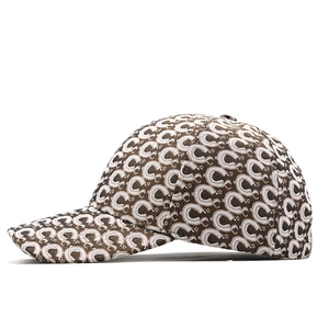 Detail of vintage monogram jacquard fabric on a classic curved brim baseball cap