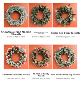 Detailed grid of six Christmas wreaths with snow pine and red berries in 40cm and 50cm sizes