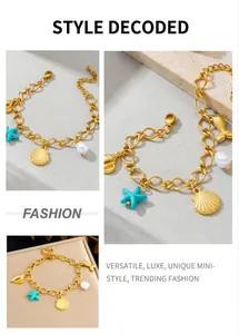 Close-up of ocean-themed 18K gold bracelet with starfish, shell, and pearl charms